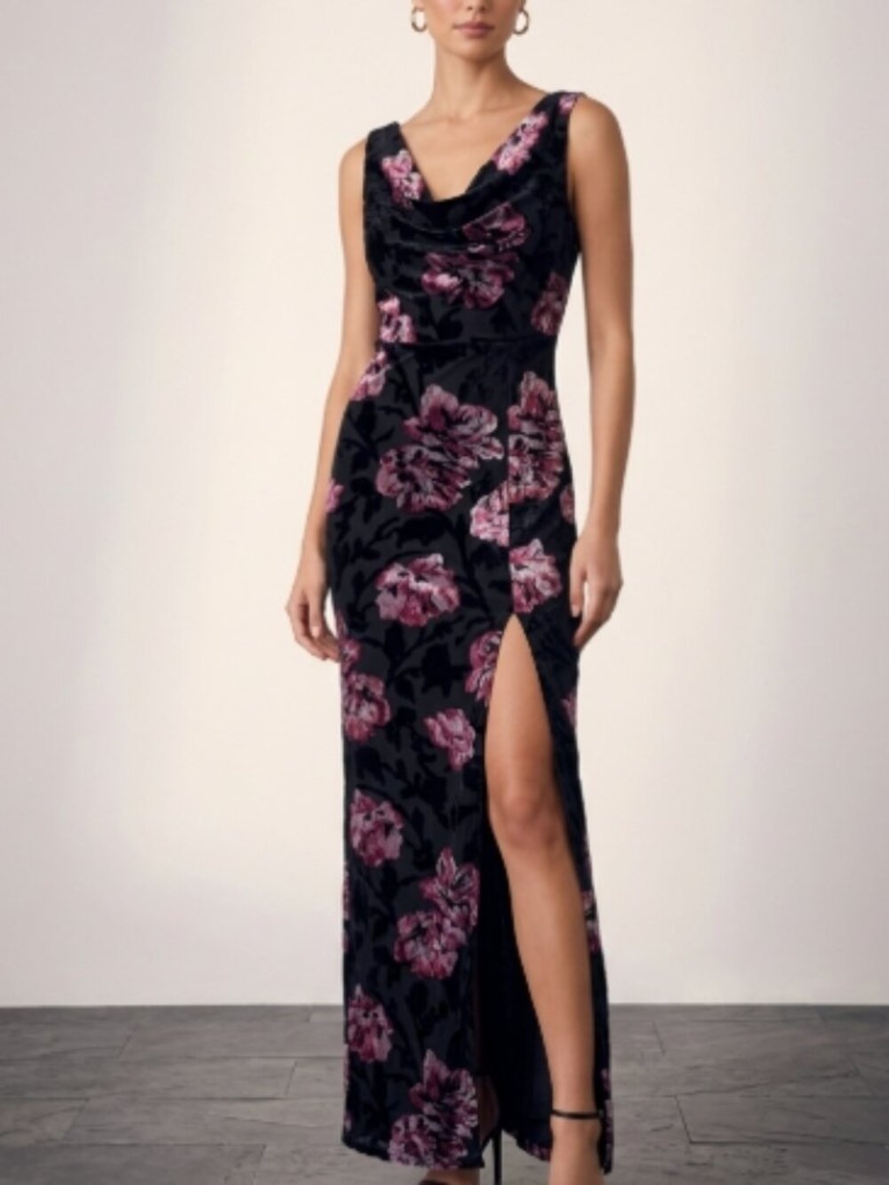 NWT Lulus Black Floral Velour Maxi Dress Gown S Evening Formal Romantic Wedding